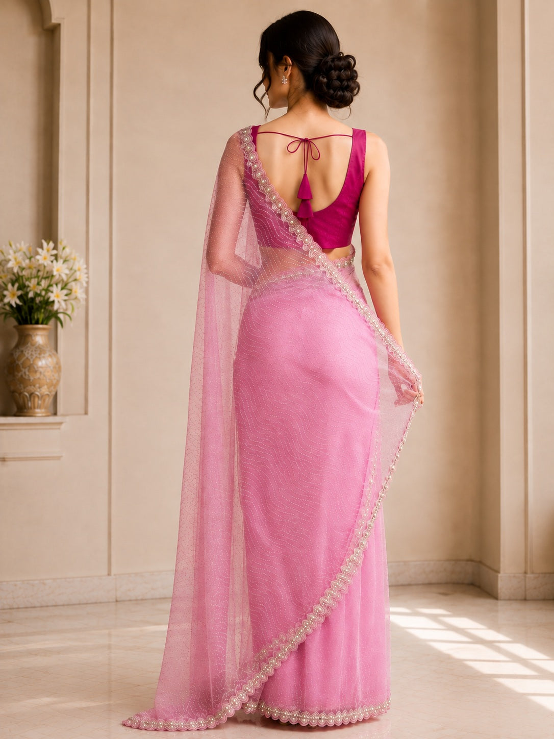 Vervee Couture Women Pastel Pink Embellished Net Saree with Semi-Stitched Designer Blouse
