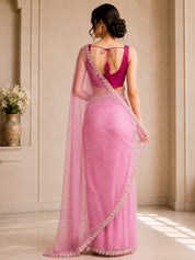 Vervee Couture Women Pastel Pink Embellished Net Saree with Semi-Stitched Designer Blouse