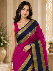 Vervee Couture Women Pink & Navy Blue Woven Design Zari Silk Saree
