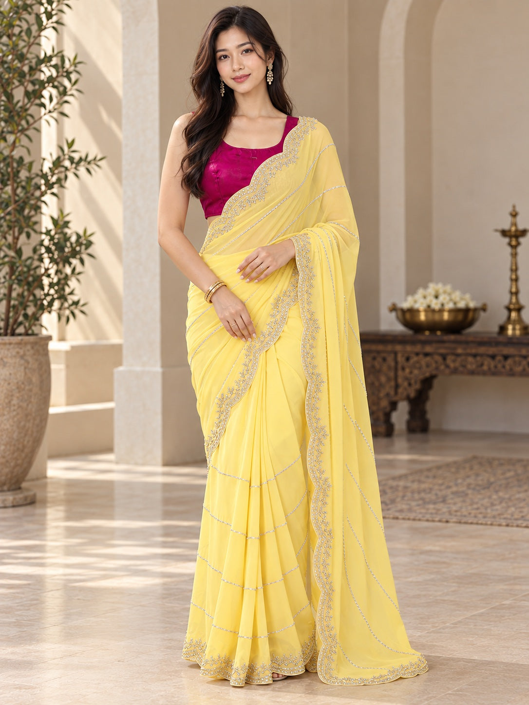 Vervee Couture Women Yellow Embellished Poly Georgette Saree with Semi-Stitched Designer Blouse