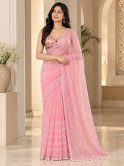 Vervee Couture Women Pastel Pink Embellished Net Saree with Semi-Stitched Designer Blouse