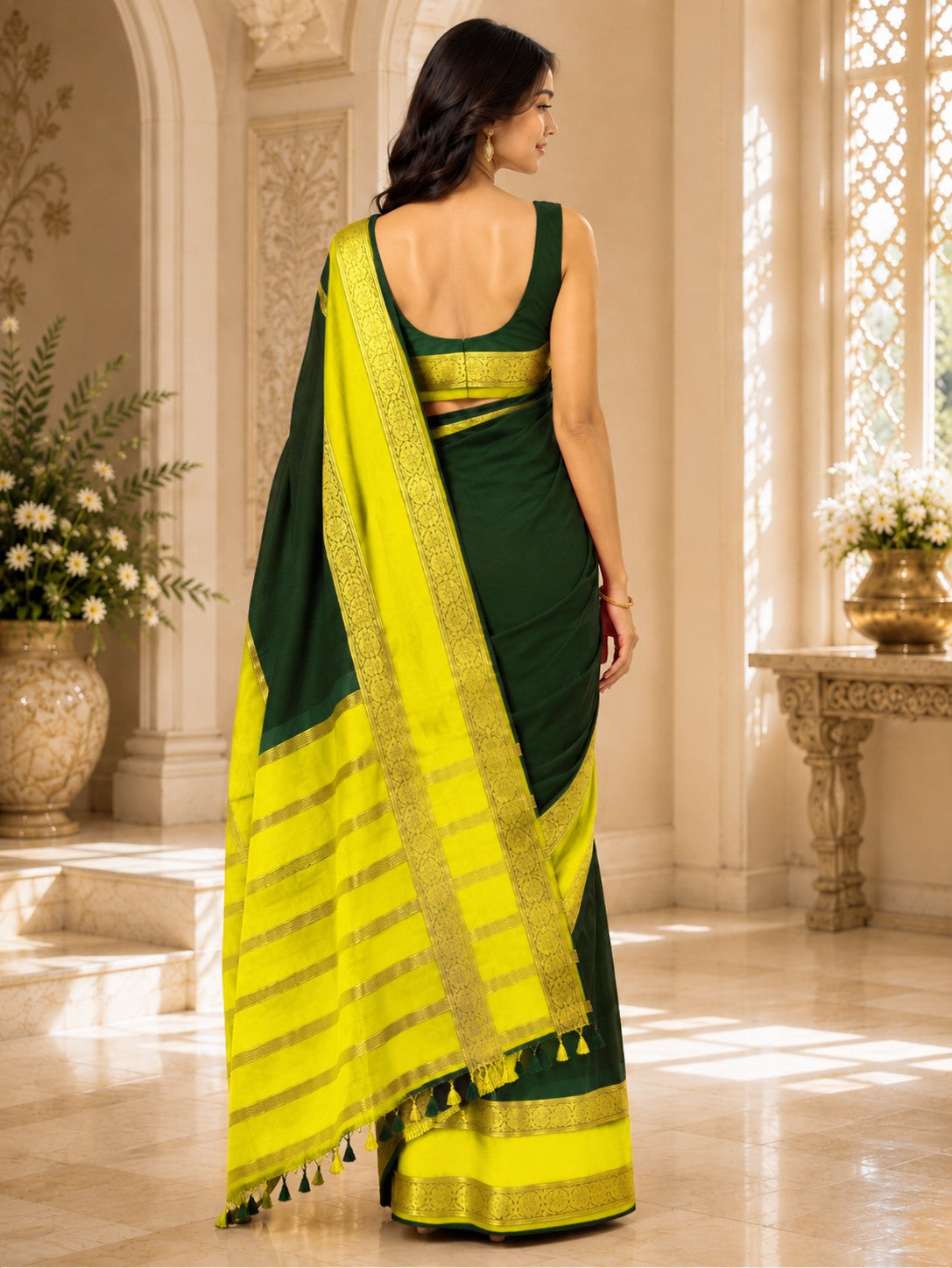 Vervee Couture Women Green & Yellow Woven Design Zari Silk Blend Saree