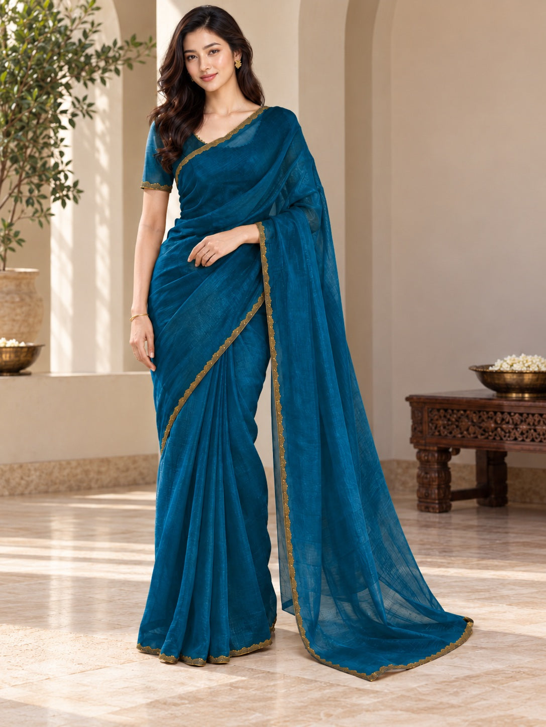 Vervee Couture Women Teal Solid Tissue Saree