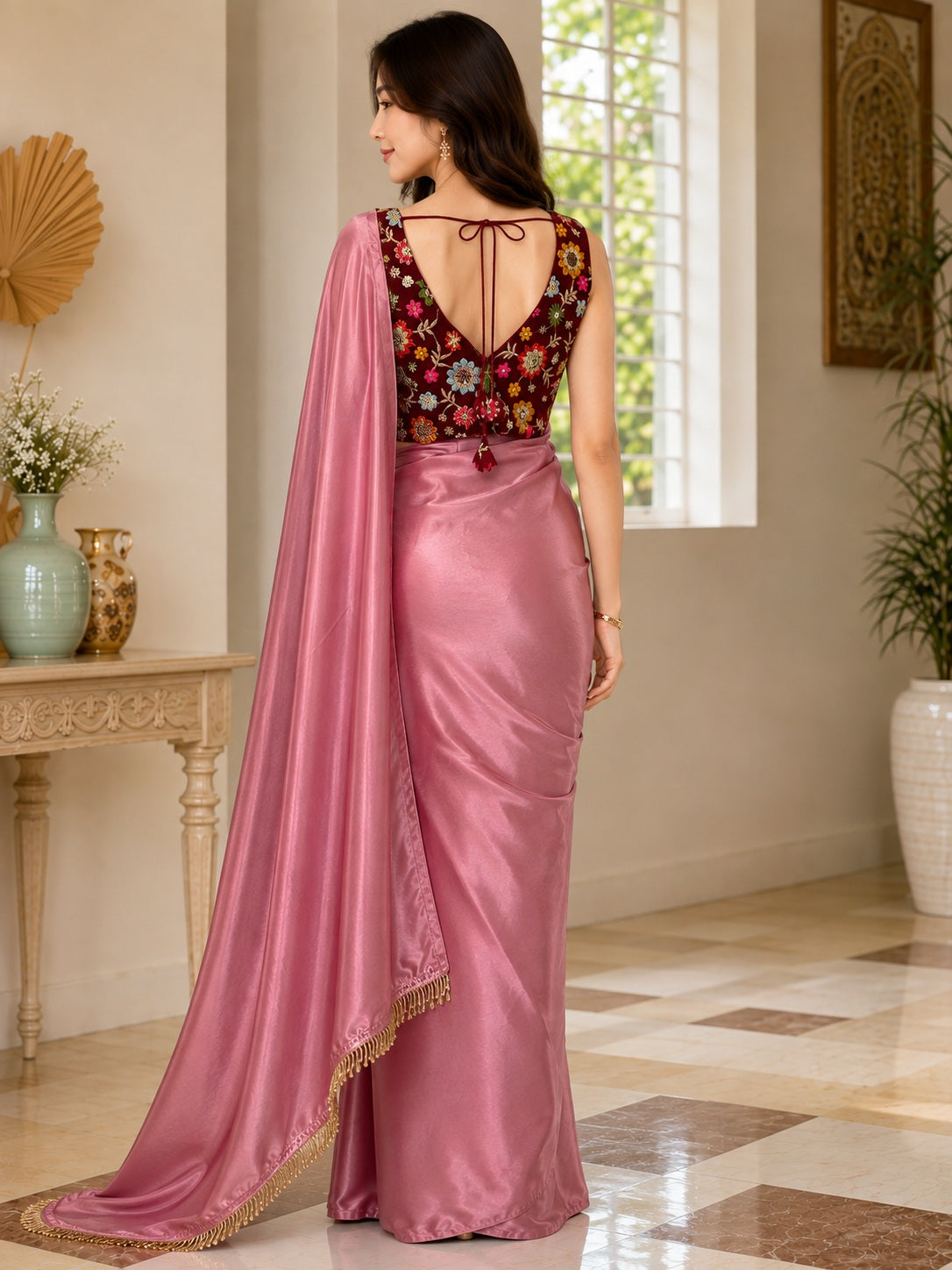 Vervee Couture Women Dusty Pink Solid Satin Saree with Semi-Stitched Designer Blouse