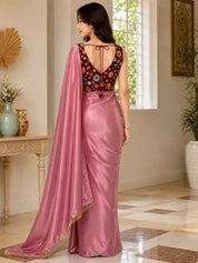 Vervee Couture Women Dusty Pink Solid Satin Saree with Semi-Stitched Designer Blouse