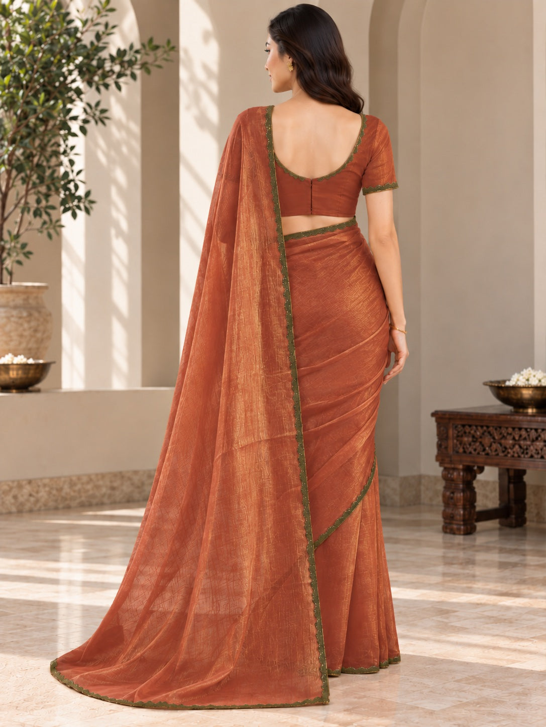 Vervee Couture Women Copper Solid Tissue Saree