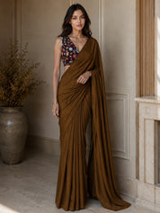 Vervee Couture Women Brown Satin Saree with Semi-Stitched Designer Blouse
