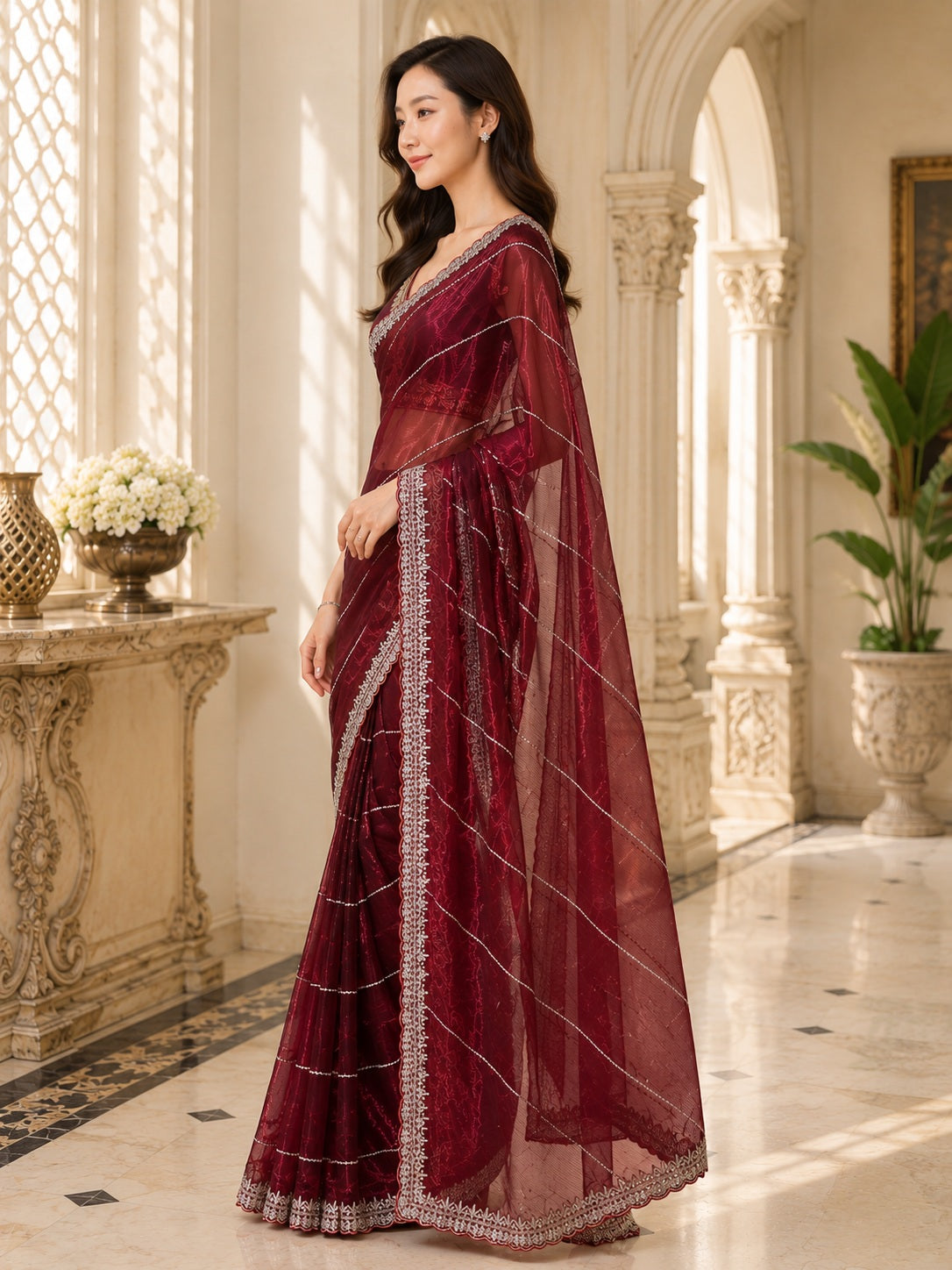 Vervee Couture Women Maroon Embellished Organza Saree with Semi-Stitched Designer Blouse