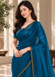 Vervee Couture Women Teal Solid Tissue Saree
