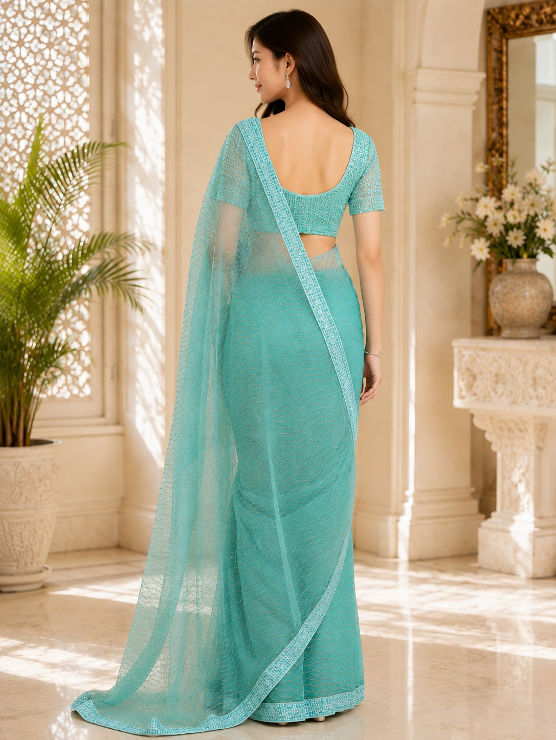 Vervee Couture Women Sea Green Wavy Embellished Poly Net Saree