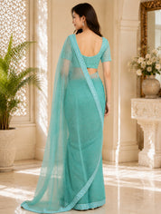 Vervee Couture Women Sea Green Wavy Embellished Poly Net Saree