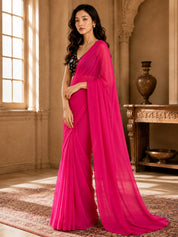 Vervee Couture Women Pink Solid Poly Georgette Saree with Semi-Stitched Designer Blouse