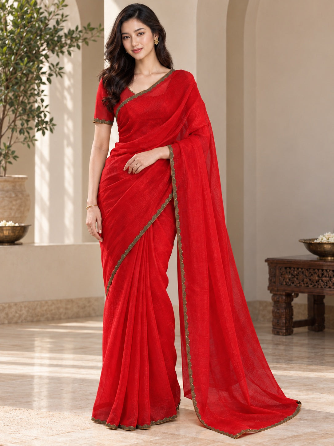 Vervee Couture Women Red Solid Tissue Saree