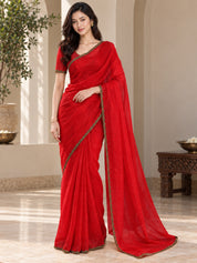 Vervee Couture Women Red Solid Tissue Saree