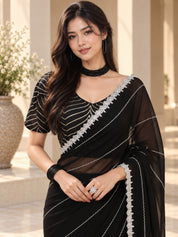 Vervee Couture Women Black Embellished Poly Georgette Saree with Semi-Stitched Designer Blouse