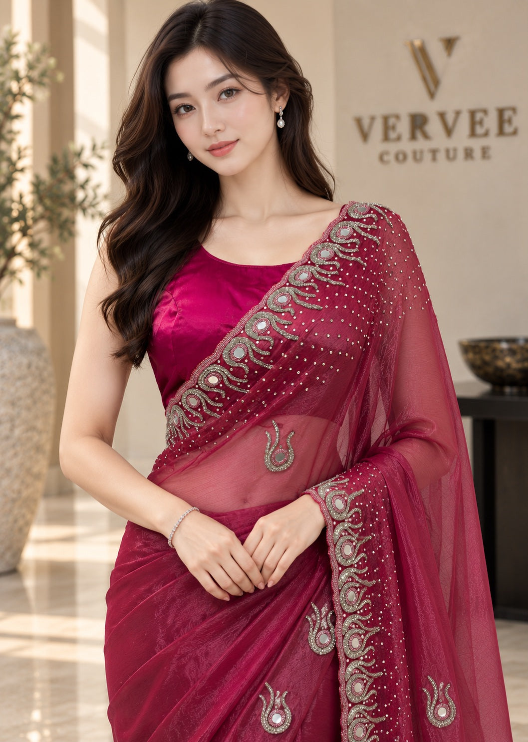 Vervee Couture Women Magenta Embellished Tissue Saree with Semi-Stitched Designer Blouse
