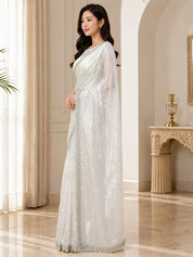 Vervee Couture Women White Embellished Organza Saree with Semi-Stitched Designer Blouse