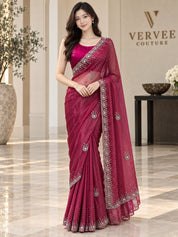 Vervee Couture Women Magenta Embellished Tissue Saree with Semi-Stitched Designer Blouse