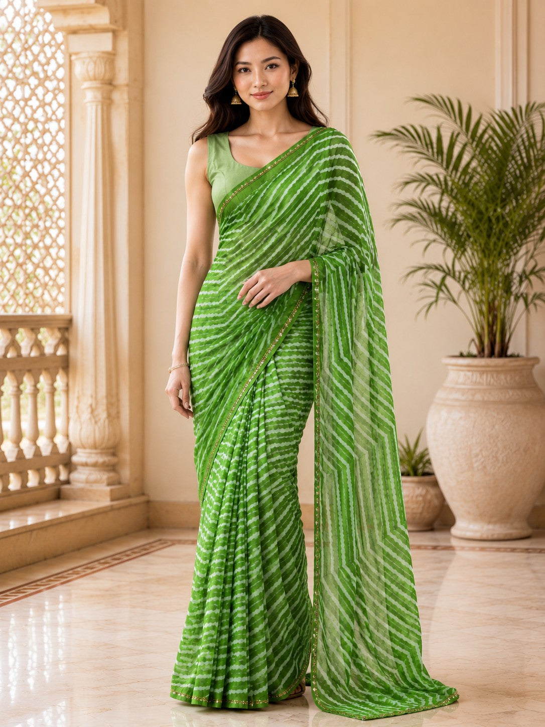 Vervee Couture Women Green Leheriya Georgette Saree with Semi-Stitched Blouse