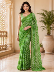 Vervee Couture Women Green Leheriya Georgette Saree with Semi-Stitched Blouse