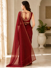 Vervee Couture Women Maroon Striped Georgette Saree with Semi-Stitched Designer Blouse