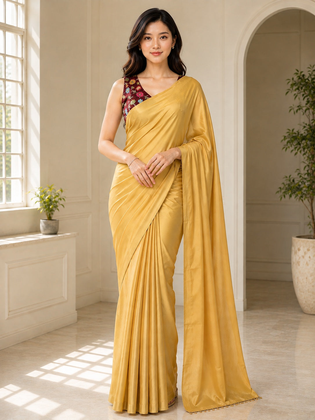 Vervee Couture Women Gold Solid Satin Saree with Semi-Stitched Designer Blouse