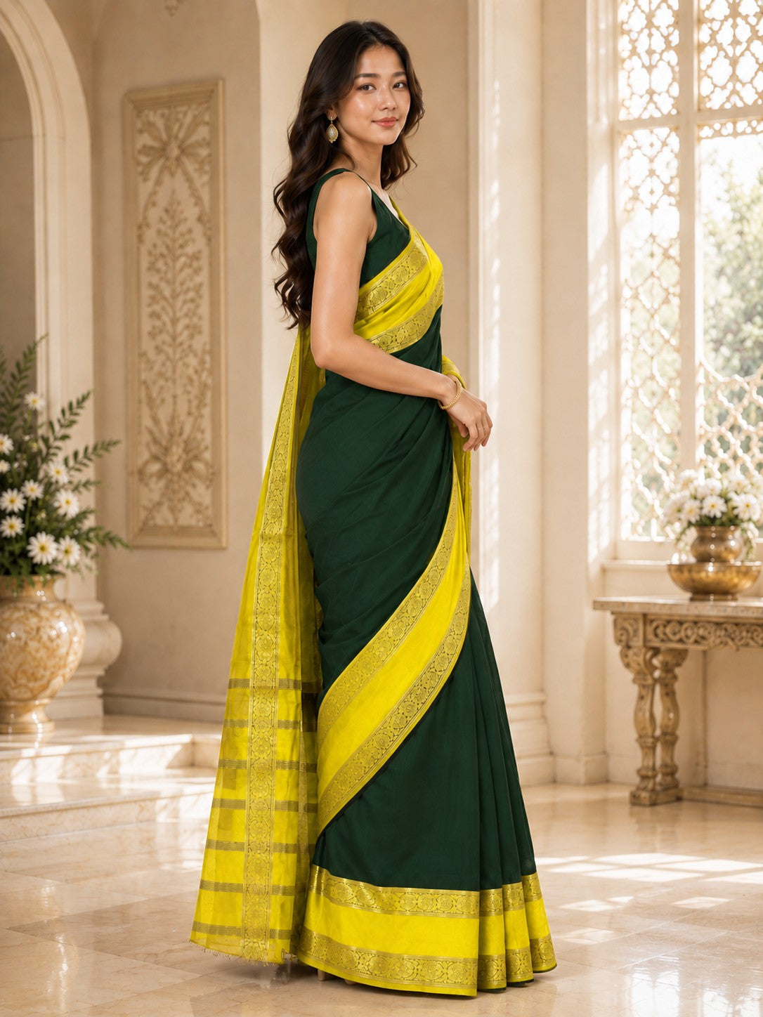 Vervee Couture Women Green & Yellow Woven Design Zari Silk Blend Saree