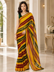 Vervee Couture Women Yellow Maroon & Green Striped Georgette Saree with Semi-Stitched Blouse