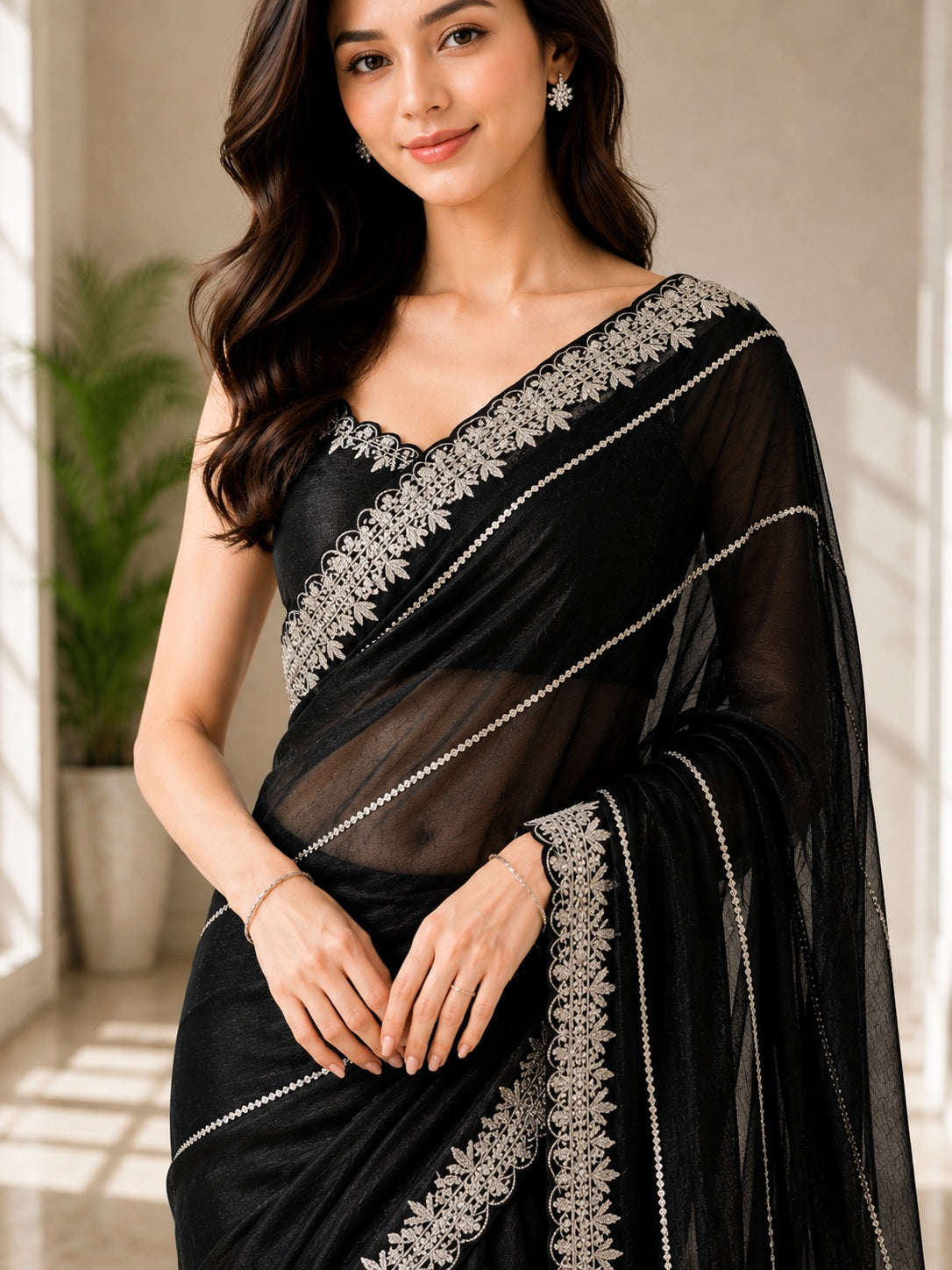 Vervee Couture Women Black Silver Embellished Poly Net Saree