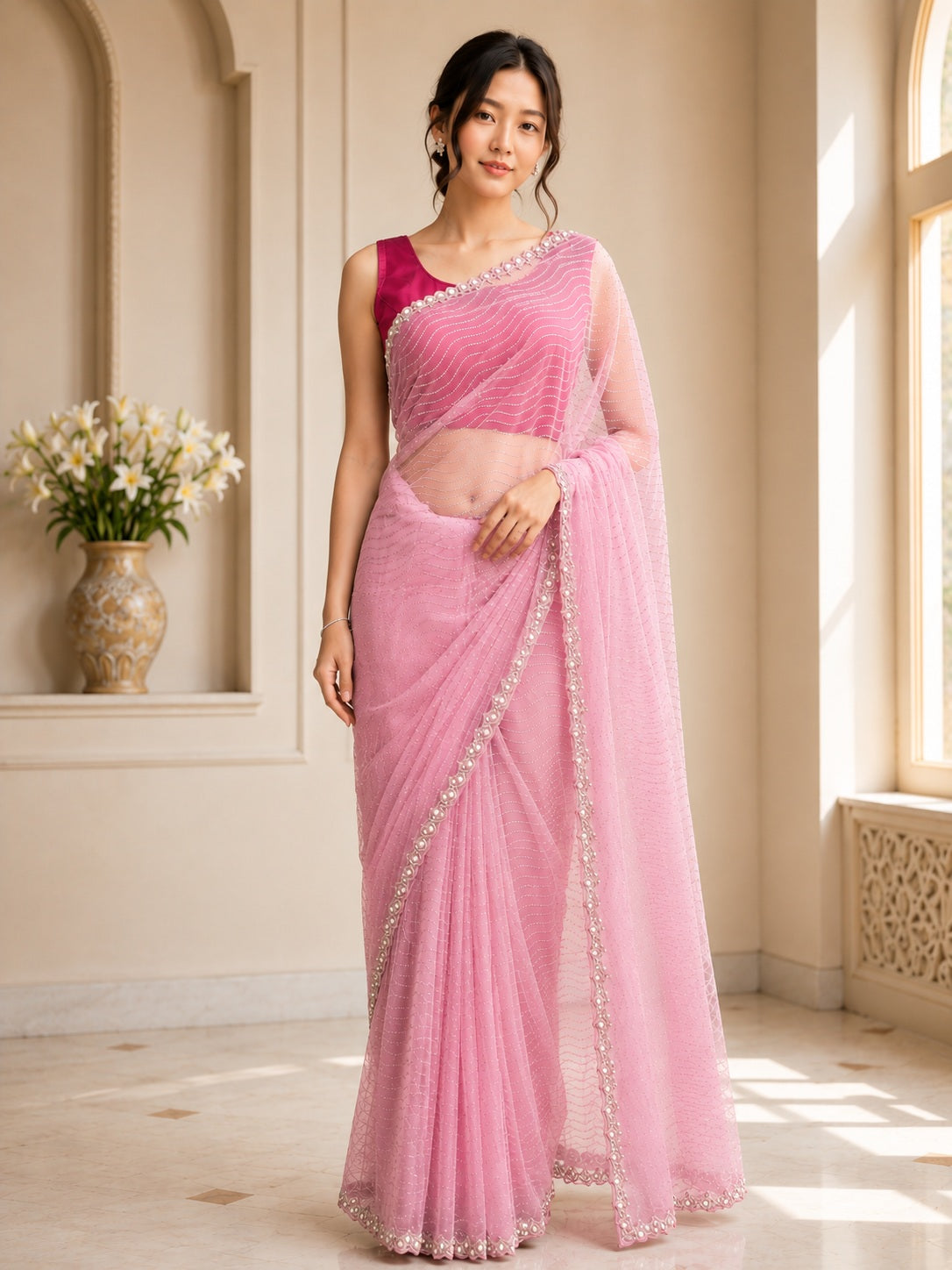 Vervee Couture Women Pastel Pink Embellished Net Saree with Semi-Stitched Designer Blouse