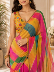 Vervee Couture Women Multicoloured Striped Georgette Saree with Semi-Stitched Blouse