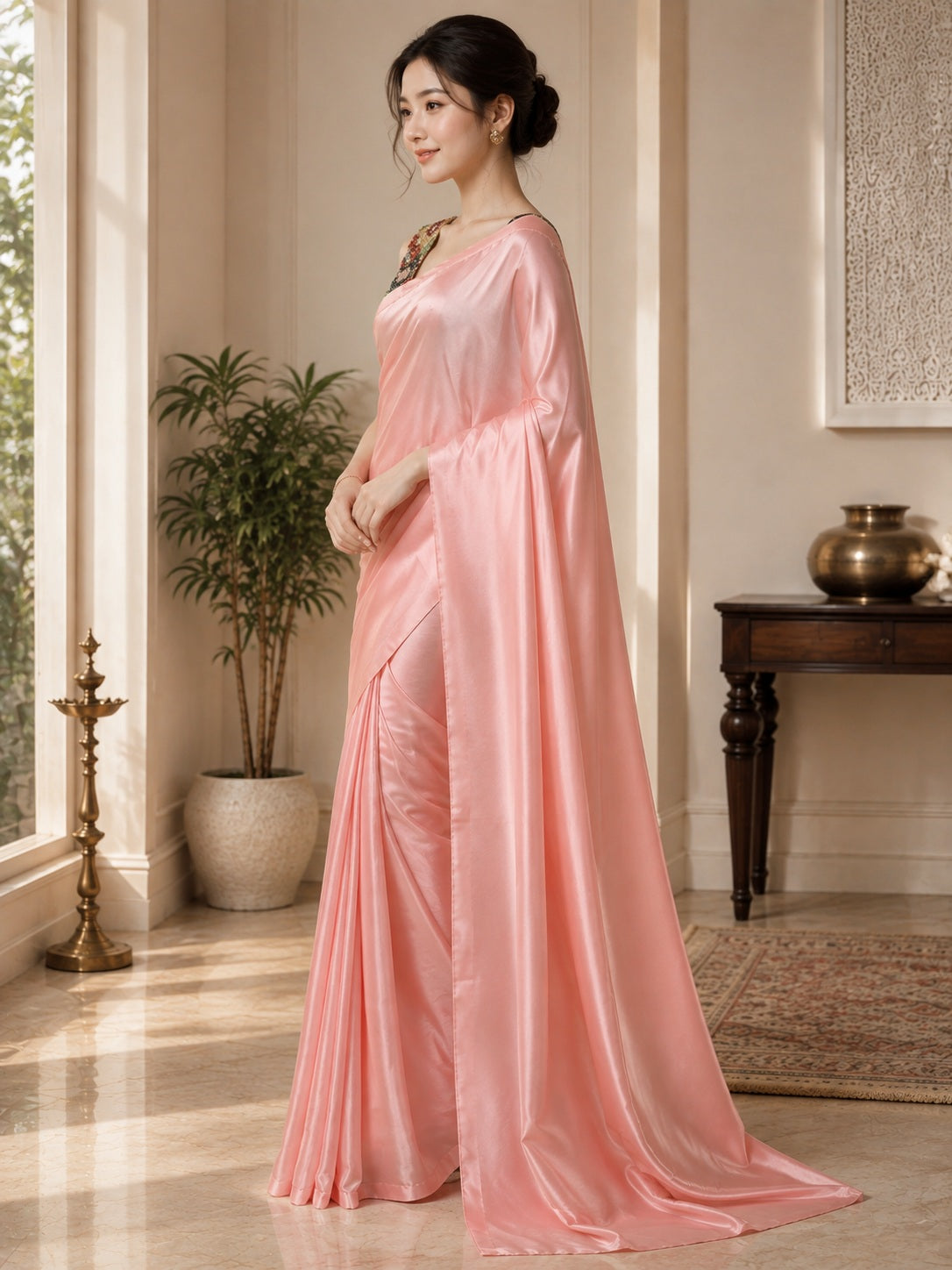 Vervee Couture Women Peach Pink Solid Satin Saree with Semi-Stitched Designer Blouse