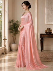 Vervee Couture Women Peach Pink Solid Satin Saree with Semi-Stitched Designer Blouse