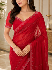 Vervee Couture Women Red Silver-Toned Stone Embellished Poly Georgette Saree