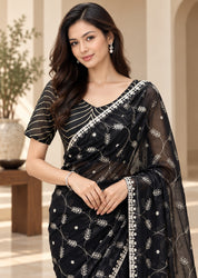 Vervee Couture Women Black Embroidered Net Saree with Semi-Stitched Designer Blouse