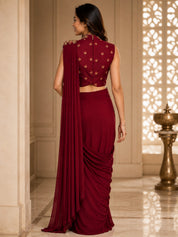 Vervee Couture Women Burgundy Embroidered Ready to Wear Saree