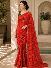 Vervee Couture Women Red Bandhani Printed Georgette Saree with Semi-Stitched Blouse
