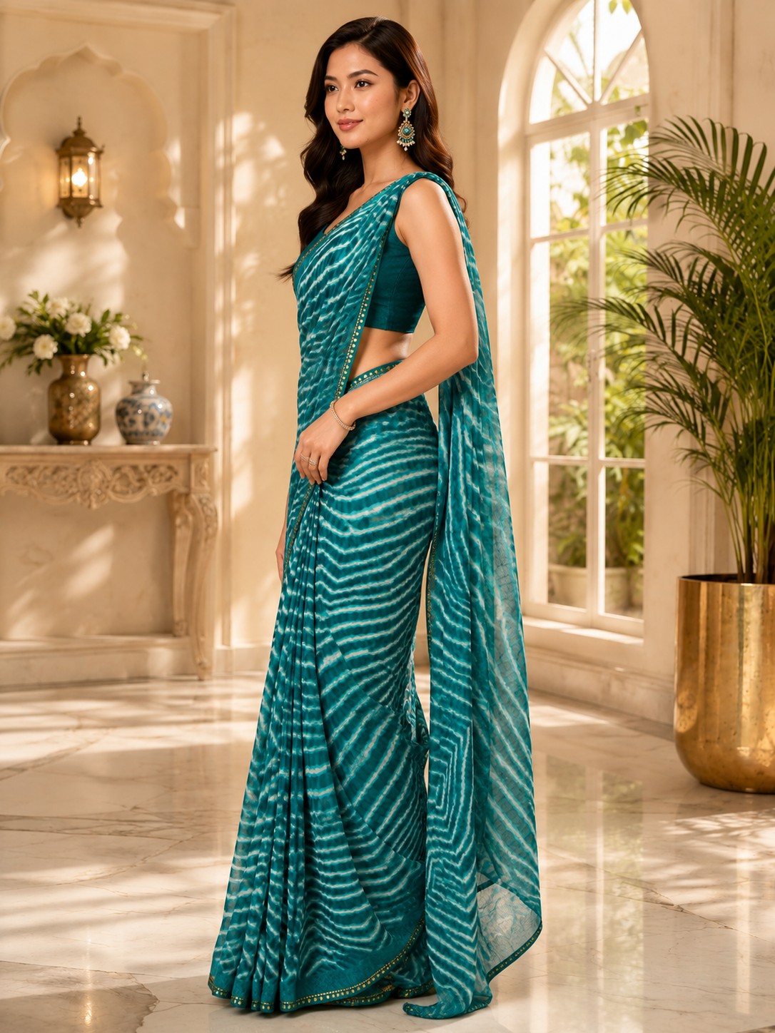 Vervee Couture Women Teal Leheriya Georgette Saree with Semi-Stitched Blouse