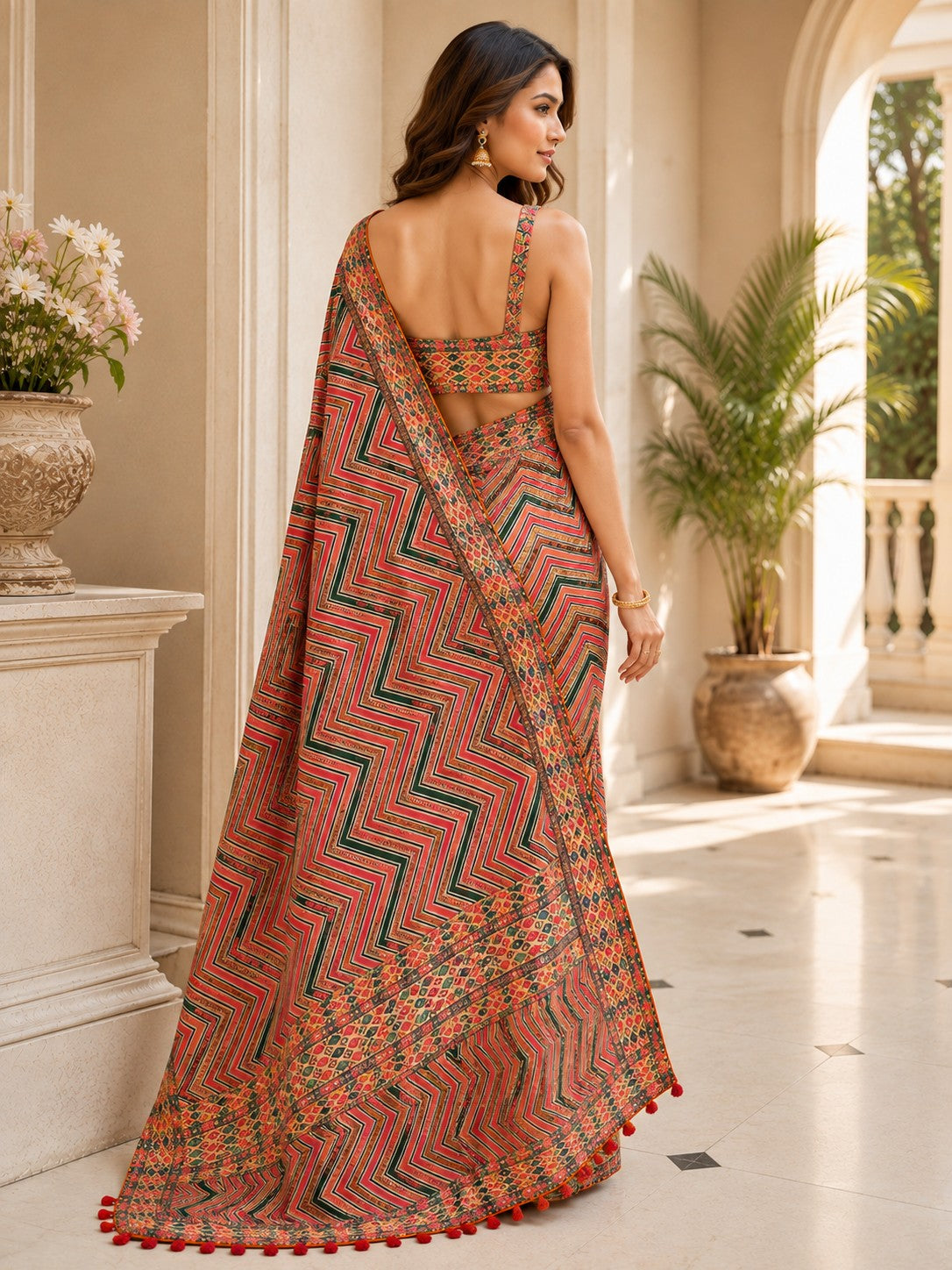 Vervee Couture Women Orange & Green Geometric Printed Georgette Saree