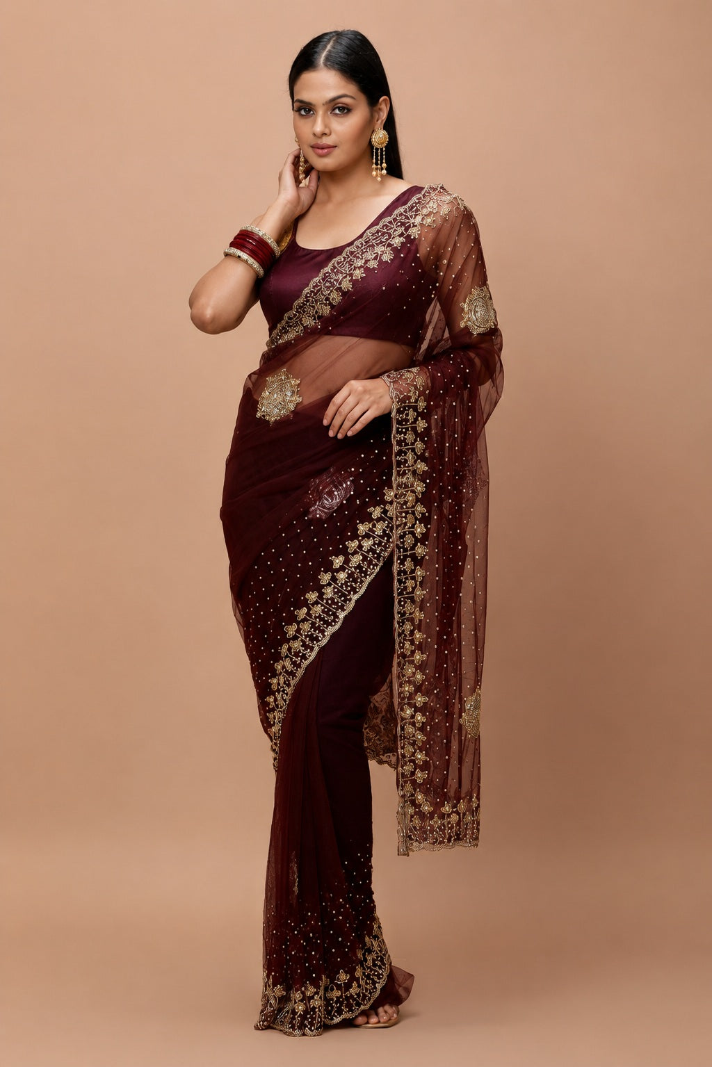 Vervee Couture Women Burgundy Embellished Net Saree with Semi-Stitched Designer Blouse