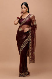 Vervee Couture Women Burgundy Embellished Net Saree with Semi-Stitched Designer Blouse