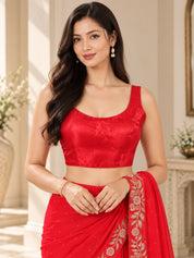 Vervee Couture Women Red Embellished Poly Georgette Saree with Semi-Stitched Designer Blouse