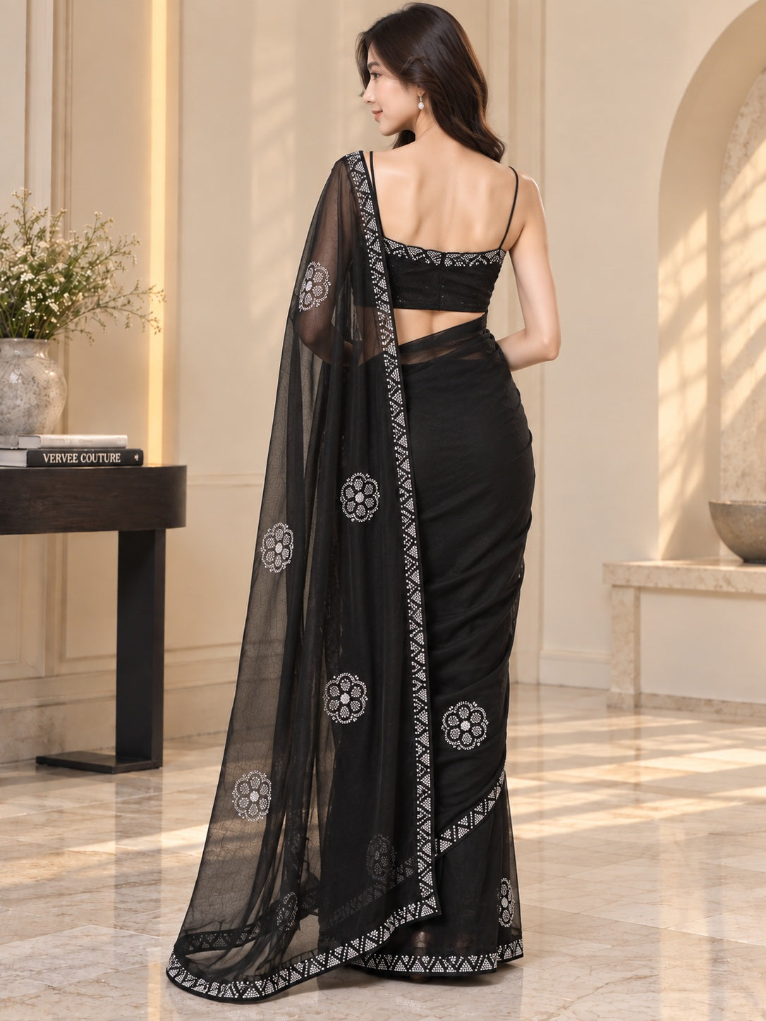Vervee Couture Women Black Stone Embellished Poly Net Saree