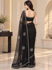 Vervee Couture Women Black Stone Embellished Poly Net Saree