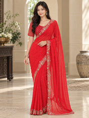 Vervee Couture Women Red Embellished Poly Georgette Saree with Semi-Stitched Designer Blouse