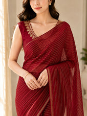 Vervee Couture Women Maroon Striped Georgette Saree with Semi-Stitched Designer Blouse
