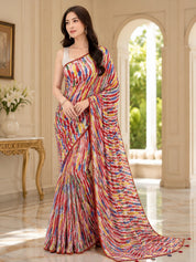 Women Off White Multicoloured Abstract Printed Georgette Saree with Semi-Stitched Blouse