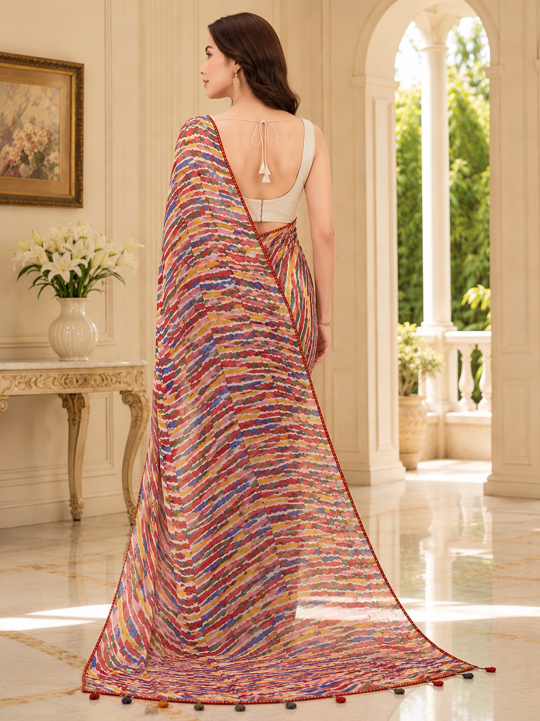 Women Off White Multicoloured Abstract Printed Georgette Saree with Semi-Stitched Blouse