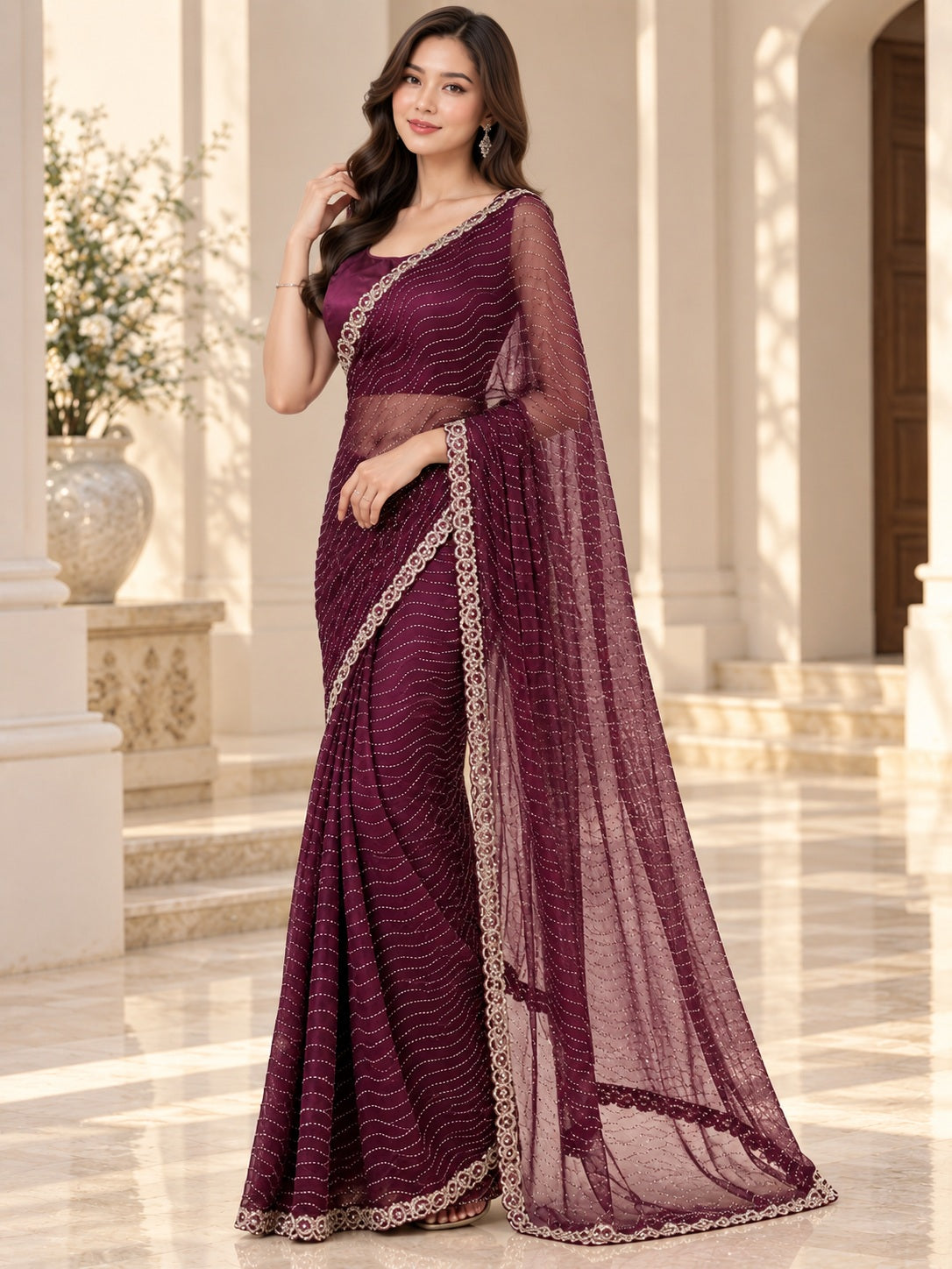Vervee Couture Women Wine Embellished Net Saree with Semi-Stitched Designer Blouse