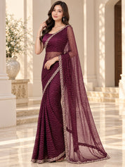 Vervee Couture Women Wine Embellished Net Saree with Semi-Stitched Designer Blouse